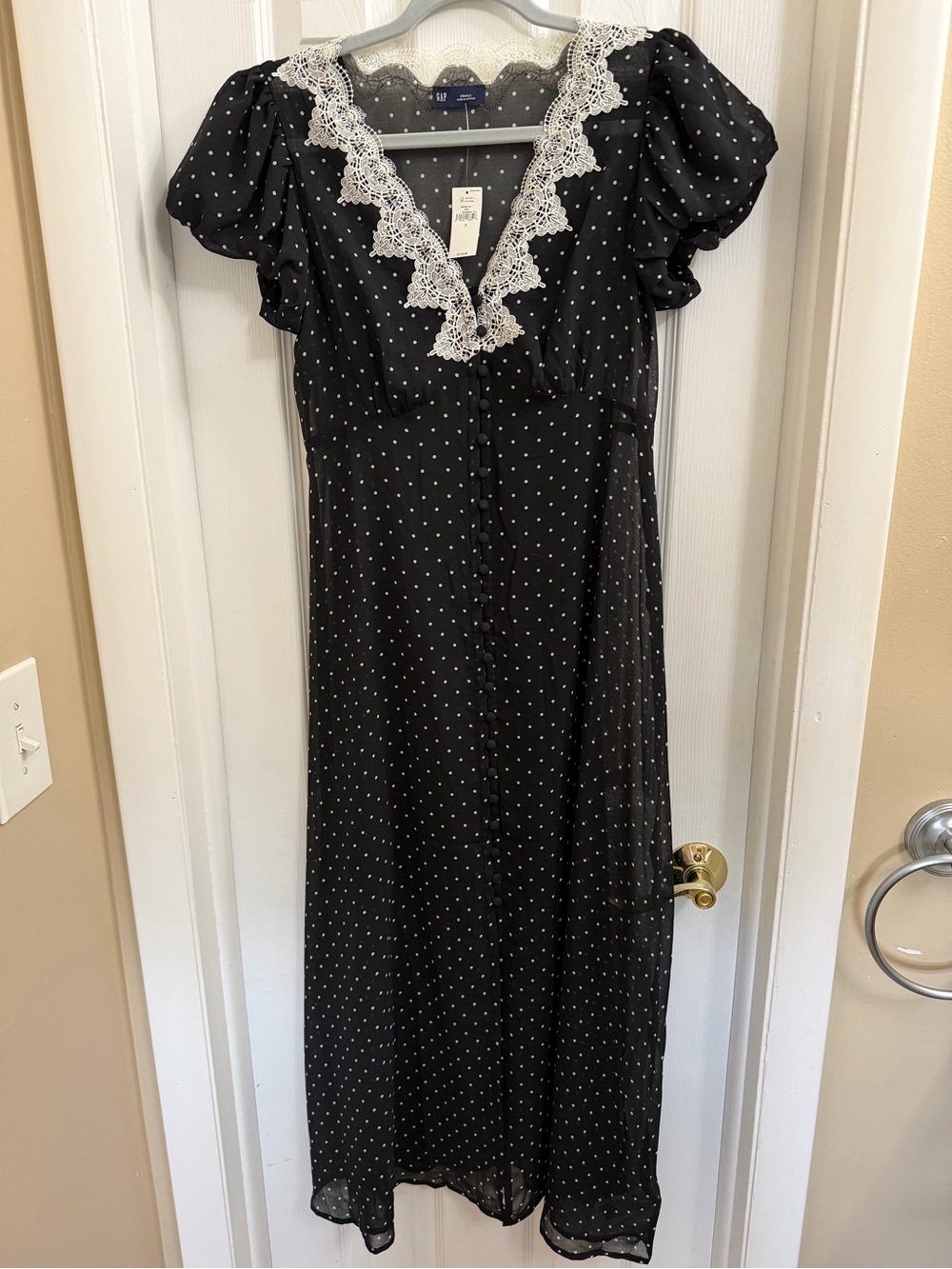 GAP Black Polka Dot Maxi Dress with White Lace Trim